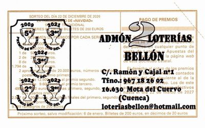 Reverso del d&eacute;cimo 08822 con el sello de la Administraci&oacute;n n&ordm; 2 &laquo;Bell&oacute;n&raquo;, en Mota del Cuervo